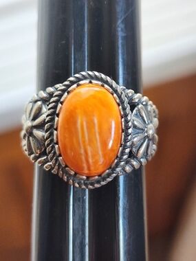 Carolyn Pollack Orange Spiny Oyster Floral Silver Ring Size 9 Sterling Silver